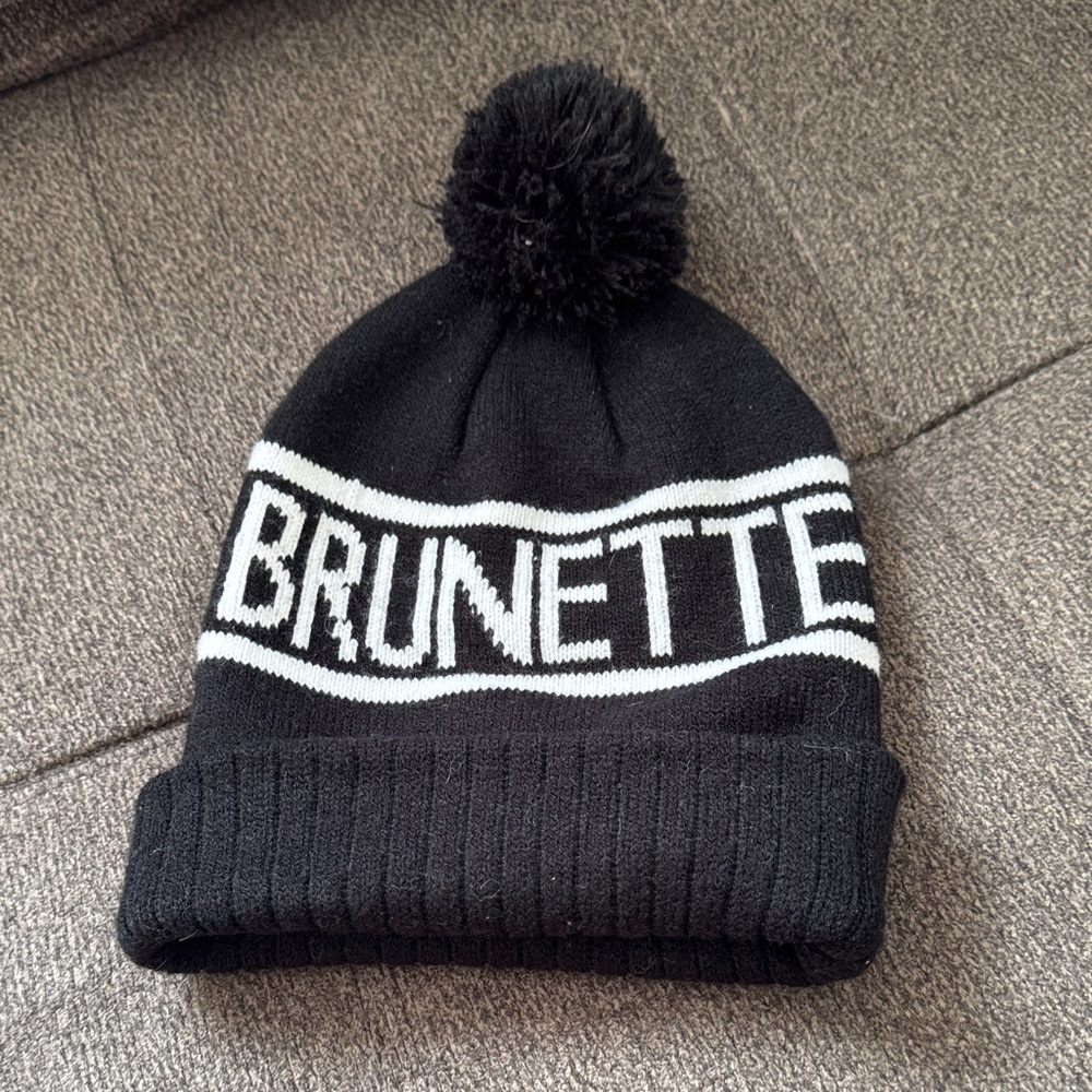 Brunette The Label Black Pom-Pom Knit Beanie with White Logo